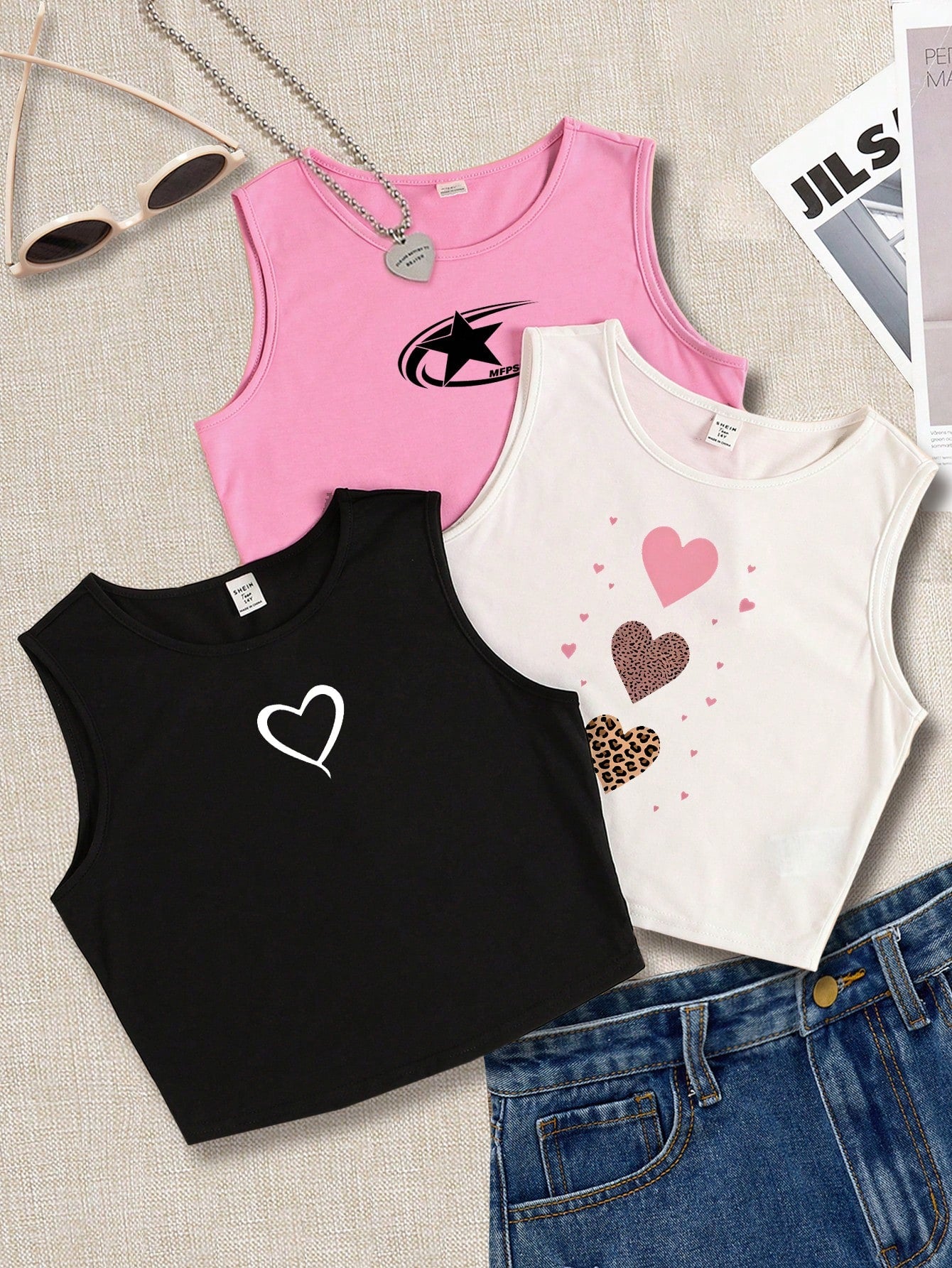 Chic Summer Vibes: 3-Piece Heart & Leopard Pattern Tank Set for Teen Girls