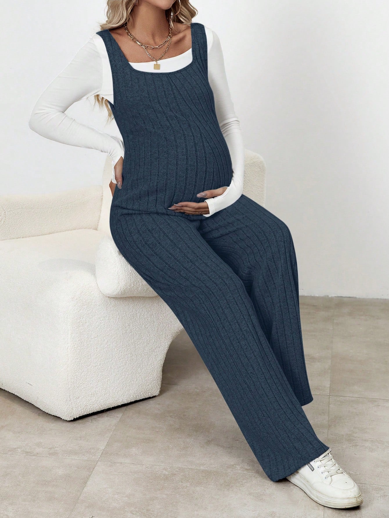 Chic Comfort: Solid Color Maternity Ribbed Knitted Jumpsuit