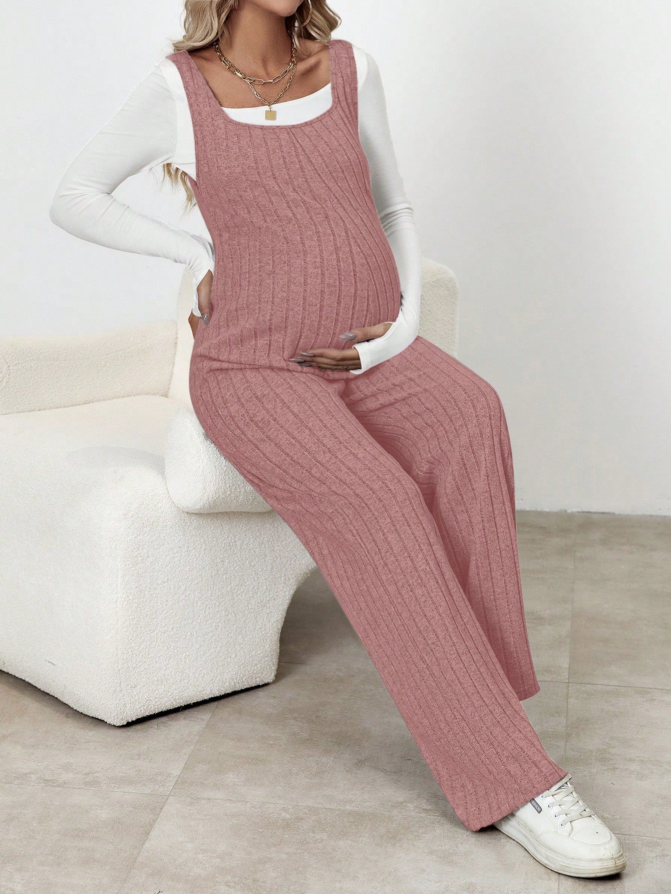 Chic Comfort: Solid Color Maternity Ribbed Knitted Jumpsuit