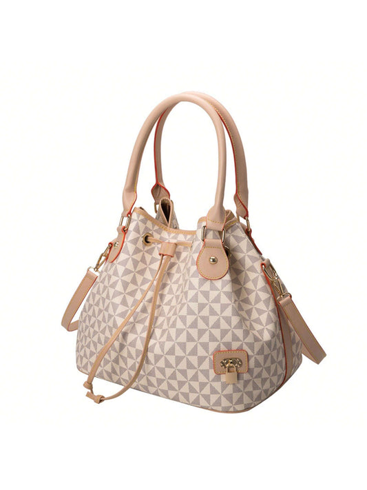 Chic Argyle Drawstring Bucket Handbag - Versatile Crossbody with Spacious Design