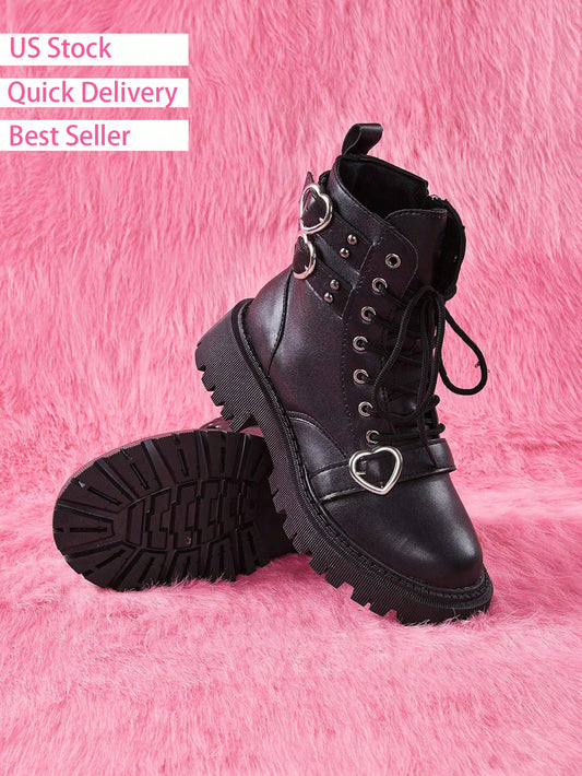 Charming Heart-Decorated Black Short Boots with Lace-Up Design and Chunky Heel for Women