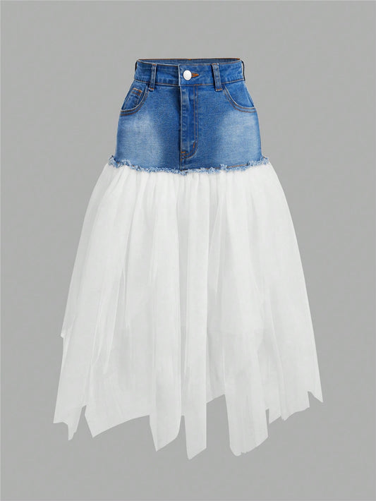 Chic & Versatile: Ladies' A-Line Denim Mesh Contrast Skirt XS S M XS-S-M-L-XL-