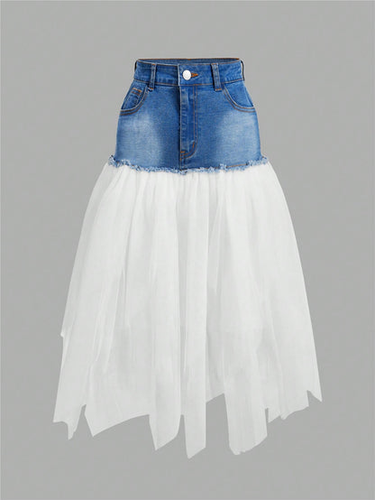 Denim Skirt with Mesh Contrast for Effortless Date Nights XS S M XS-S-M-L-XL-