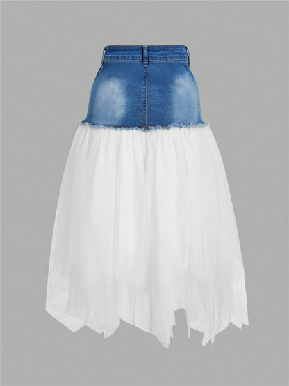 Denim Skirt with Mesh Contrast for Effortless Date Nights XS S M XS-S-M-L-XL-
