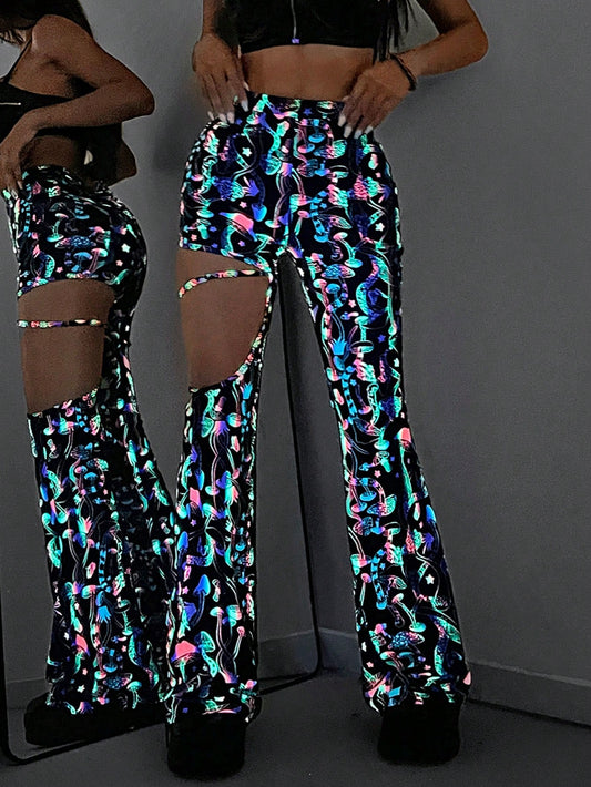 Chic Reflective Colorful Mushroom Cutout High-Waist Flared Pants for Trendy Y2K Style Multicolor / S Multicolor / M Multicolor / L Multicolor / S-Multicolor / M-Multicolor / L-Multicolor / XL-Multicolor-2 / S-Multicolor-2 / M-Multicolor-2 / L-Multicolor-2 / XL-