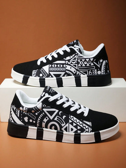 Trendy Men's Geometric Graffiti Canvas Sneakers – Stylish Lace-Up Sports & Skate Shoes