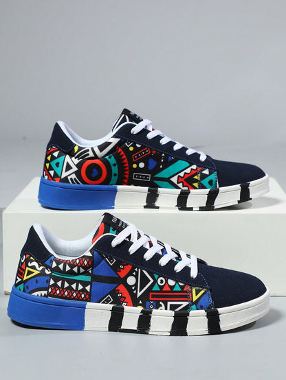 Trendy Men's Geometric Graffiti Canvas Sneakers – Stylish Lace-Up Sports & Skate Shoes