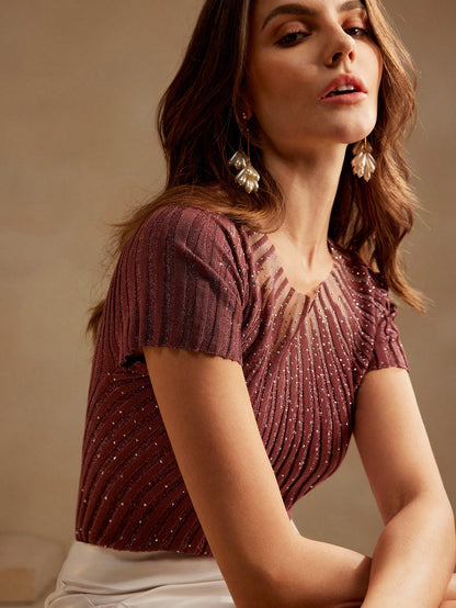 Elegant Blue Diamond-Embellished Knit Top with Sheer Detailing for Women Chocolate Brown / S Chocolate Brown / M Chocolate Brown / L Chocolate Brown / S-Chocolate Brown / M-Chocolate Brown / L-Chocolate Brown / XL-Camel / S-Camel / M-Camel / L-Camel / XL-Black / S-Black / M-Black / L-Black / XL-White / S-White / M-White / L-White / XL-Camel-2 / S-Camel-2 / M-Camel-2 / L-Camel-2 / XL-Blue / S-Blue / M-Blue / L-Blue / XL-Red / S-Red / M-Red / L-Red / XL-Blue-3 / S-Blue-3 / M-Blue-3 / L-Blue-3 / XL-