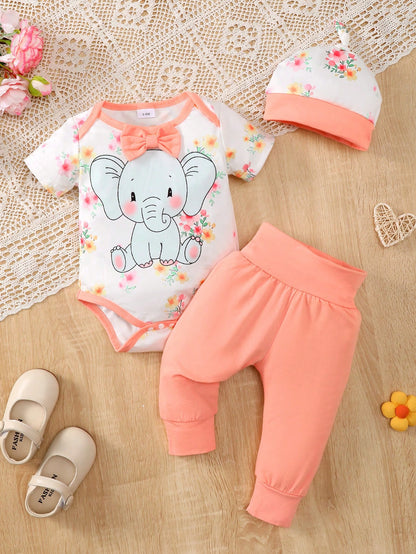 Adorable Baby Girls' 3-Piece Elephant Print Outfit Set with Butterfly Detail