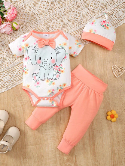 Adorable Baby Girls' 3-Piece Elephant Print Outfit Set with Butterfly Detail