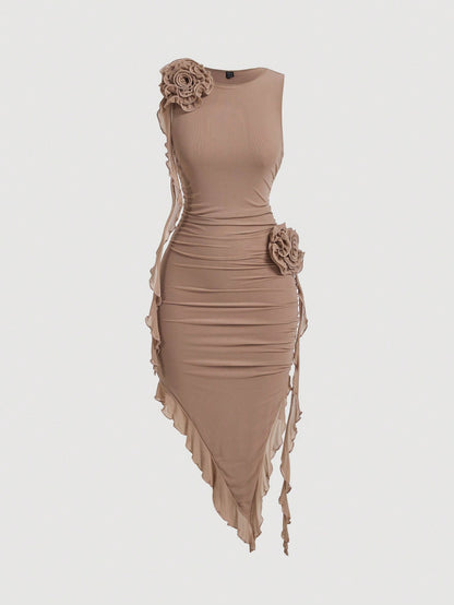 Chic Pastel 3D Flower Bodycon Dress with Asymmetrical Hem for Effortless Elegance