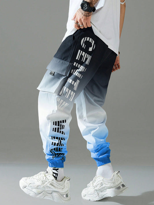 Ombre Multi-Pocket Casual Pants with Front Tie & Letter Print for Men