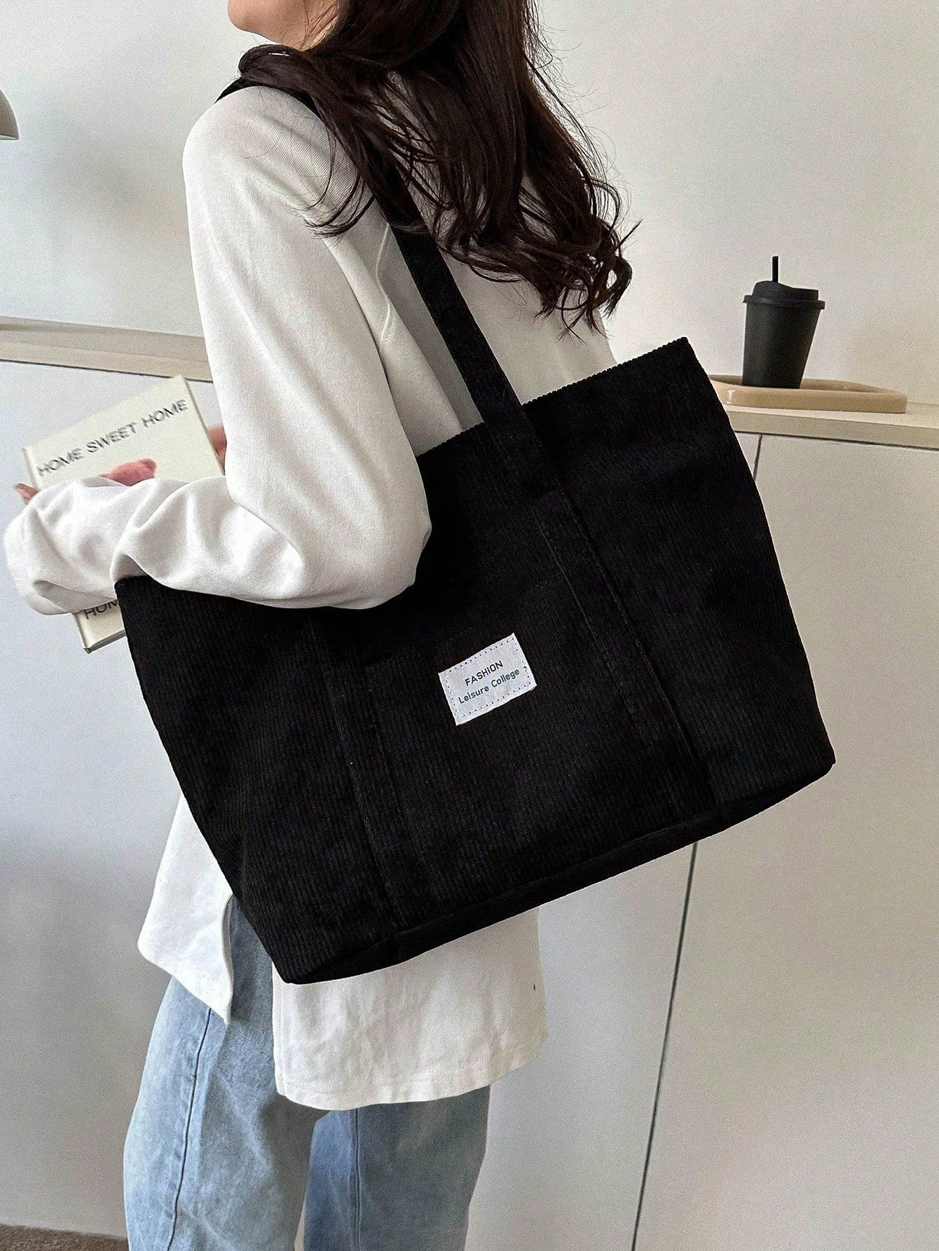 Spacious Corduroy Tote Bag – Perfect for Fall & Winter Adventures! Black / one-size Beige / one-size 