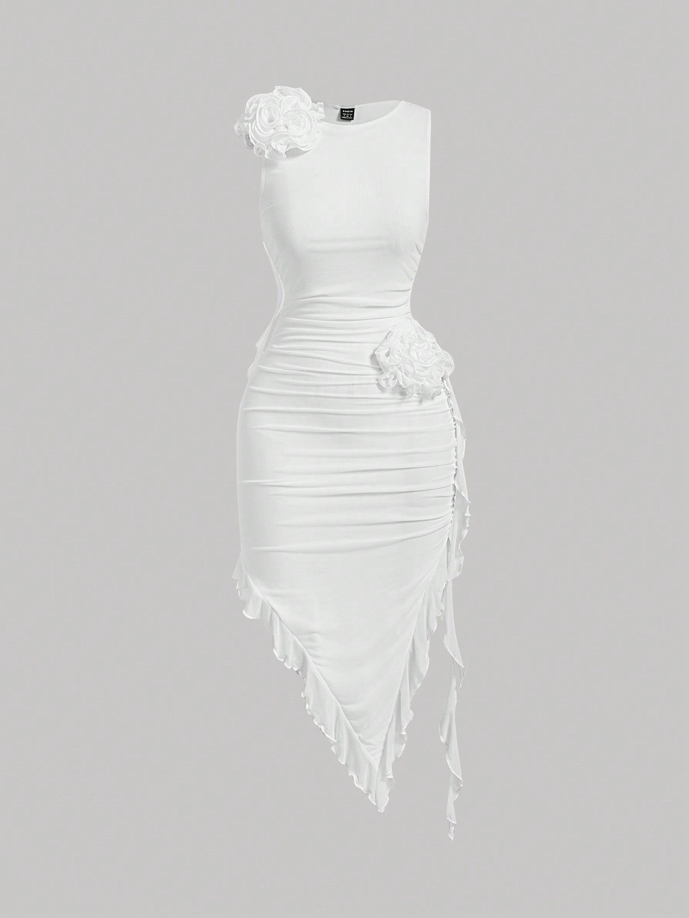 Chic Pastel 3D Flower Bodycon Dress with Asymmetrical Hem for Effortless Elegance White