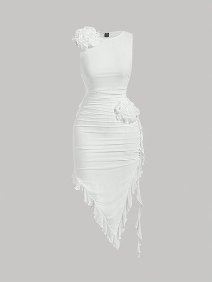 Chic Pastel 3D Flower Bodycon Dress with Asymmetrical Hem for Effortless Elegance White