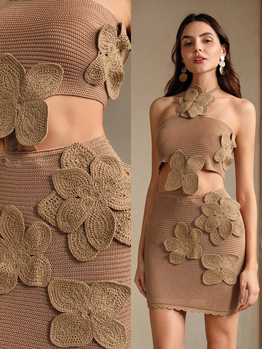 Blooming Elegance: Strapless 3D Flower Fitted Sweater Dress Chocolate Brown / L Chocolate Brown / XL Camel / S Chocolate Brown / L-Chocolate Brown / XL-Camel / S-Camel / M-Camel / L-Camel / XL-