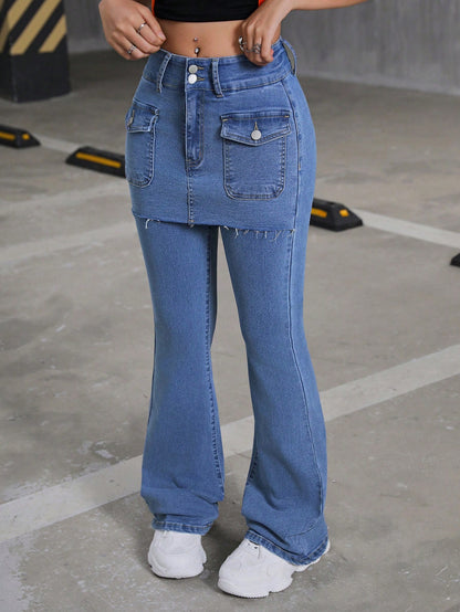 Trendy Y2K Flared Leg Jeans with Patched Pockets for Teen Girls - Perfect Back-to-School Style!