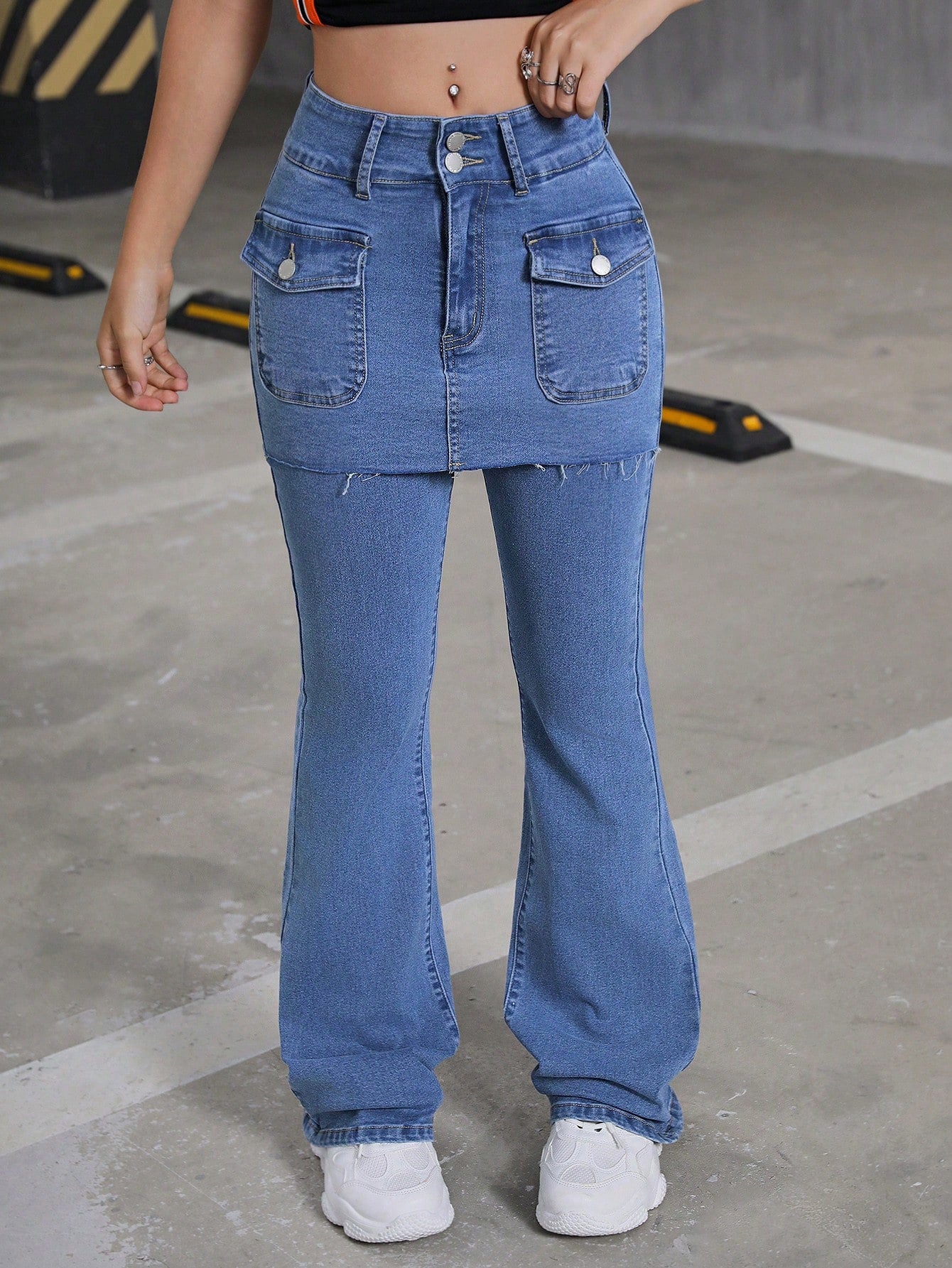 Trendy Y2K Flared Leg Jeans with Patched Pockets for Teen Girls - Perfect Back-to-School Style!