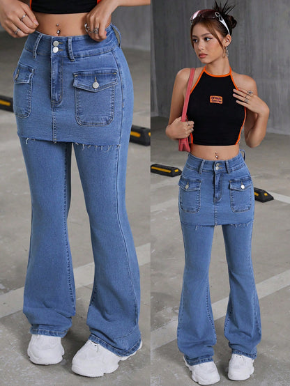 Trendy Y2K Flared Leg Jeans with Patched Pockets for Teen Girls - Perfect Back-to-School Style!