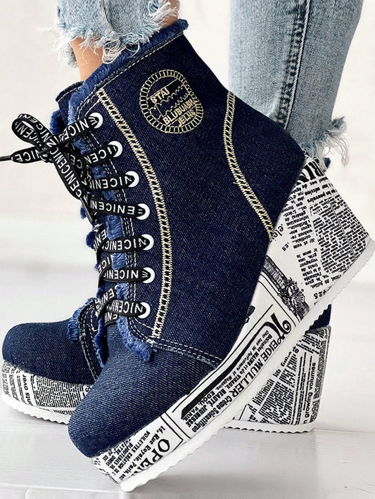 Newspaper Print Wedge Boots for Women – Trendy Lace-Up High-Top Footwear for Fall & Winter