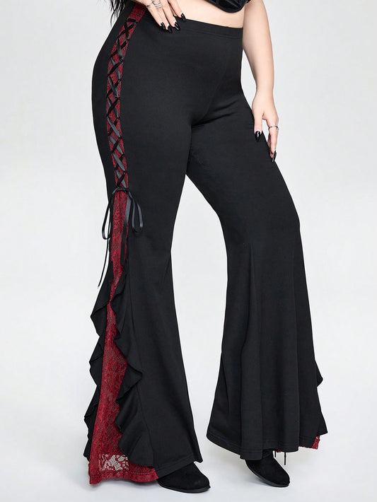 Plus Size Gothic Dark Punk Flared Trousers with Lace & Ribbon Details