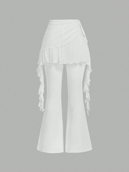 Women's Solid Color Flared Pants with Ruched Sides and Stylish Ribbon Detail Black / XS Black / M Black / S Black / XS-Black / M-Black / S-Black / L-White / XS-White / M-White / S-White / L-