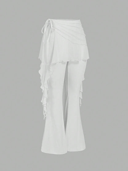 Women's Solid Color Flared Pants with Ruched Sides and Stylish Ribbon Detail Black / XS Black / M Black / S Black / XS-Black / M-Black / S-Black / L-White / XS-White / M-White / S-White / L-