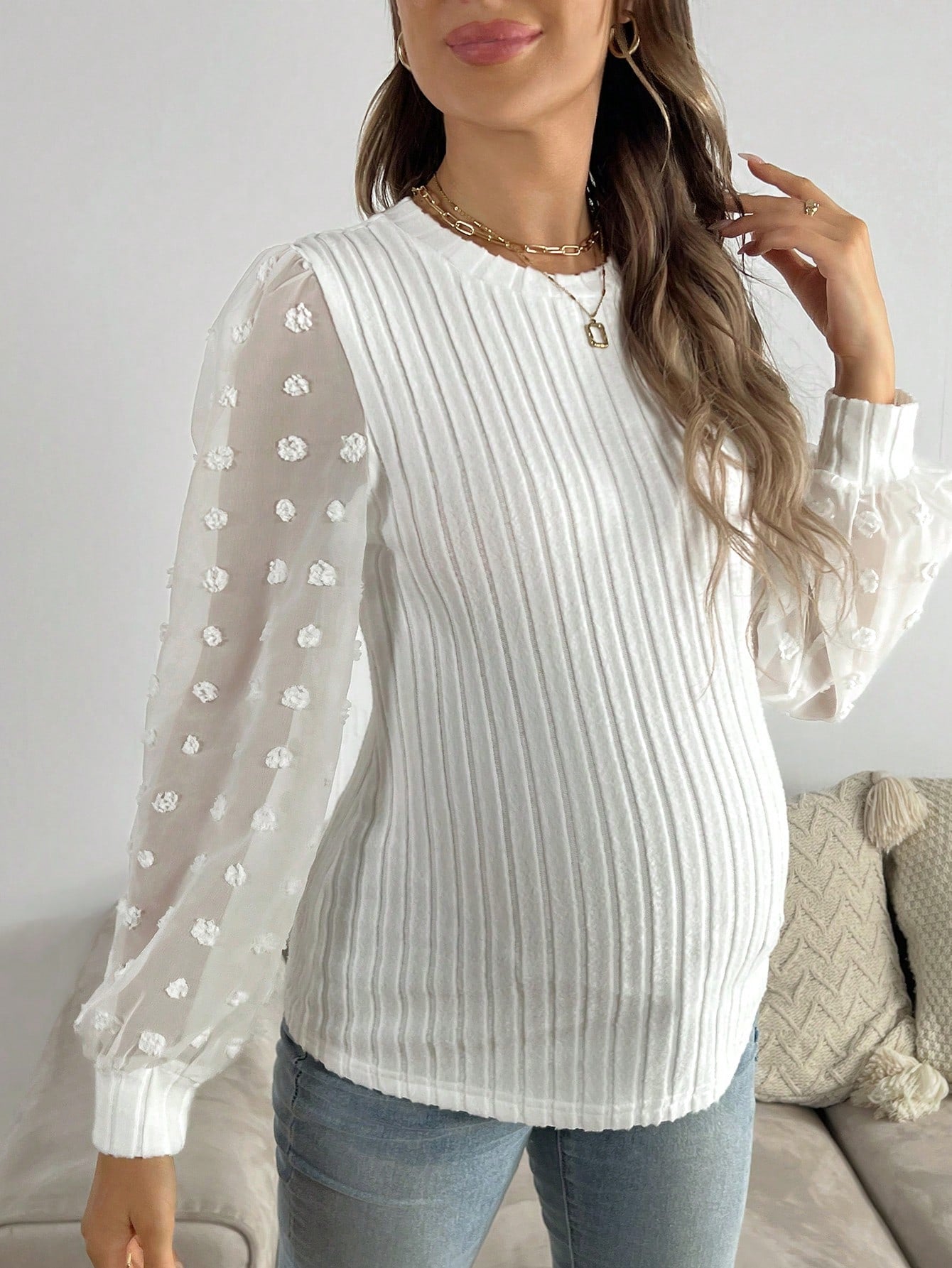 Maternity Swiss Dot Patchwork Long Sleeve T-Shirt for Every Season