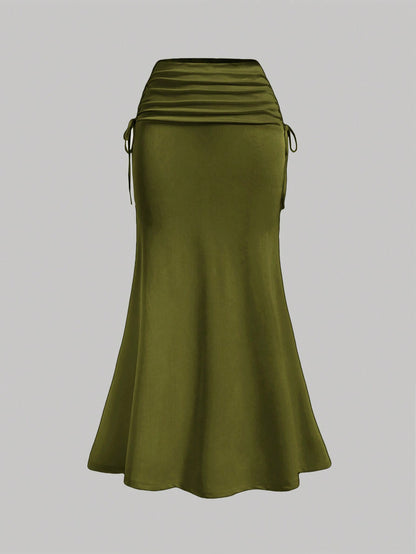 Van Gogh-Inspired Fish Tail Knitted Skirt for Women Army Green