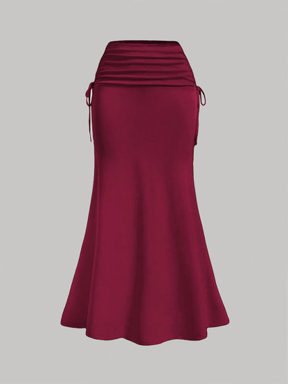 Van Gogh-Inspired Fish Tail Knitted Skirt for Women Burgundy