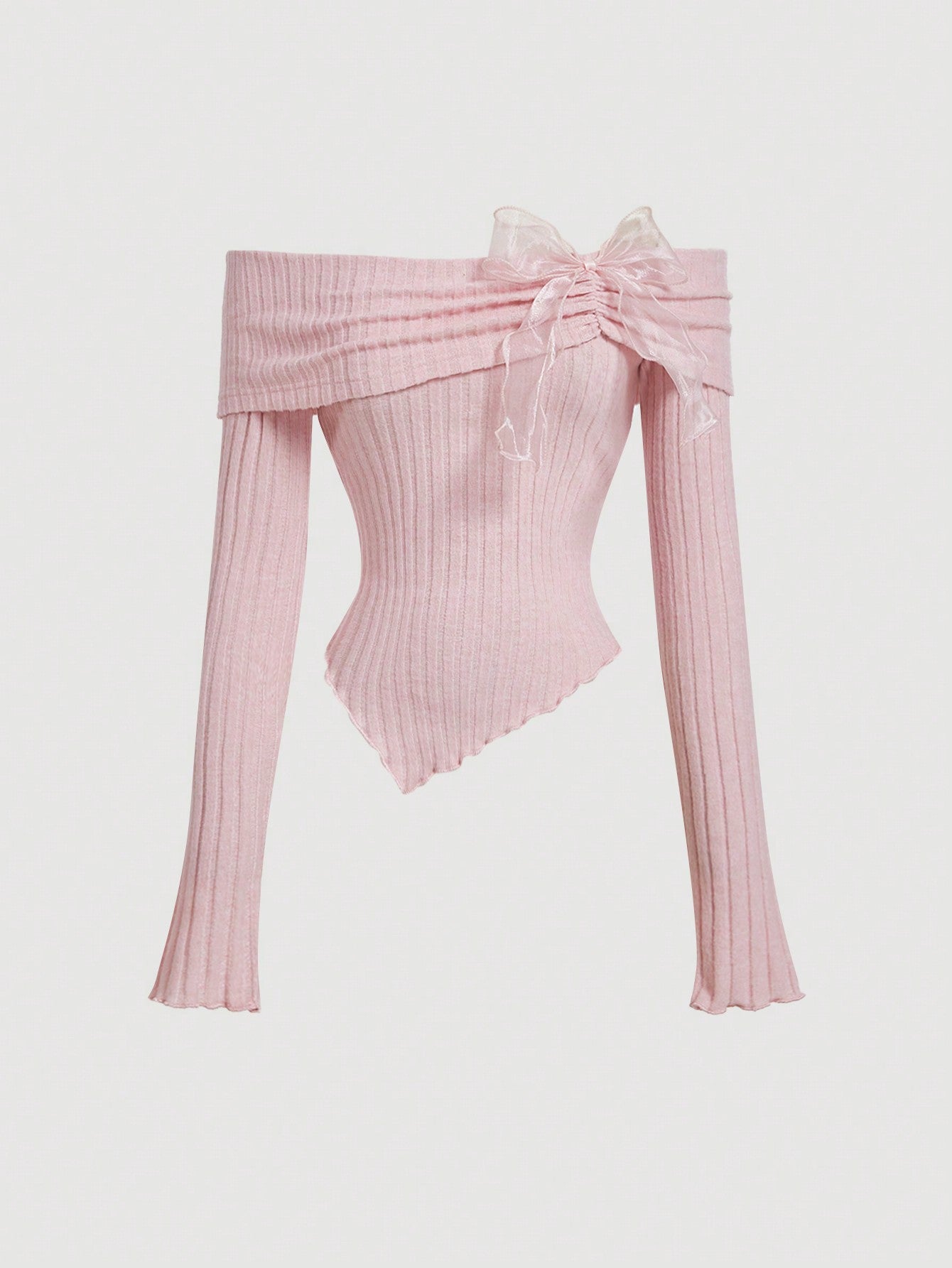 Chic & Sweet: Off-Shoulder Bowknot Long Sleeve Pink Top for Trendy Teens