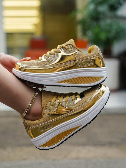 Stylish Gold Platform Wedge Sneakers - Comfortable, Anti-Slip Casual Sports Shoes