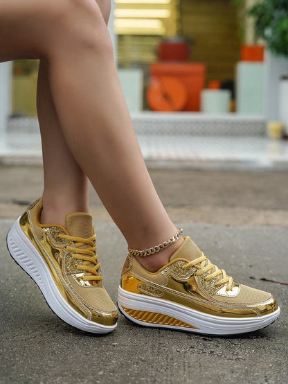 Stylish Gold Platform Wedge Sneakers - Comfortable, Anti-Slip Casual Sports Shoes