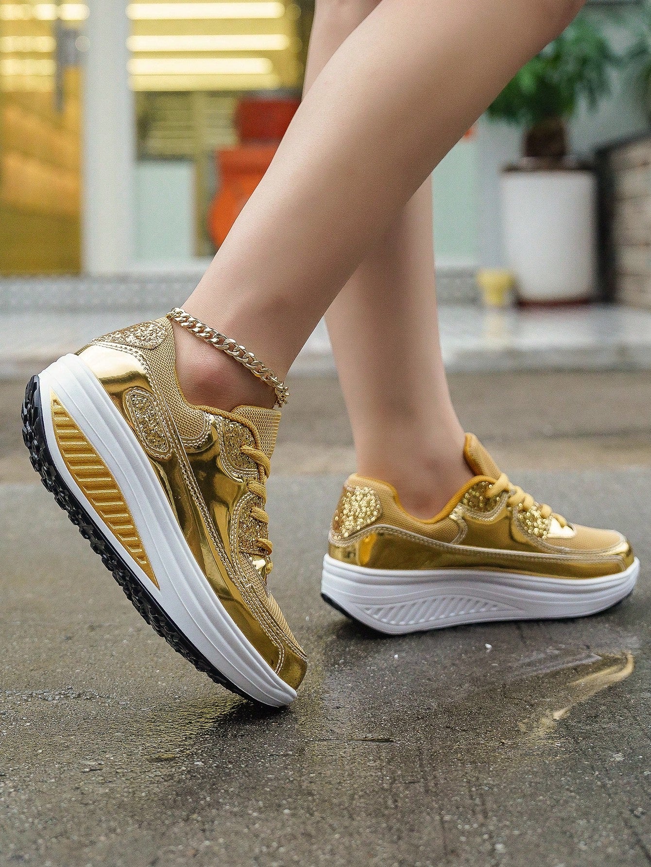 Stylish Gold Platform Wedge Sneakers - Comfortable, Anti-Slip Casual Sports Shoes