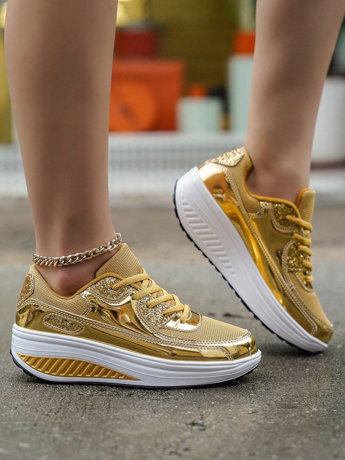 Stylish Gold Platform Wedge Sneakers - Comfortable, Anti-Slip Casual Sports Shoes