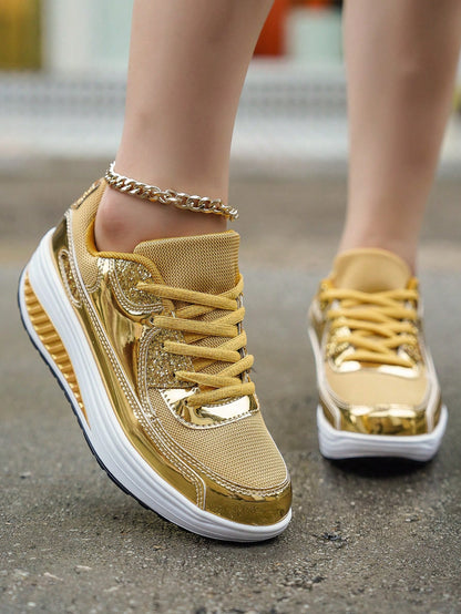 Stylish Gold Platform Wedge Sneakers - Comfortable, Anti-Slip Casual Sports Shoes