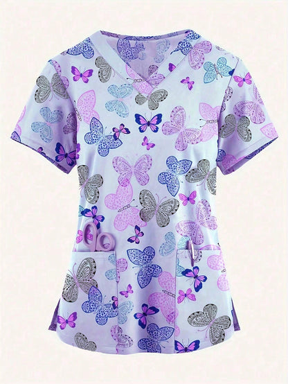 Breathable Women's Digital Printed Elastic Sports Scrub Top with Pockets Purple / XS Purple / S Purple / M Purple / XS-Purple / S-Purple / M-Purple / L-Purple / XL-Purple / XXL-Multicolor / S-Multicolor / M-Multicolor / L-Multicolor / XL-Multicolor / XXL-