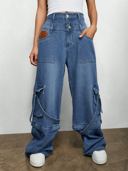 Versatile Women's Utility Jean with Double Waistband and Convertible Jort Feature XS S M XS-S-M-L-