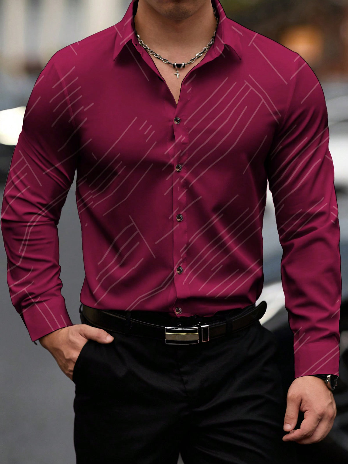 Men's Long Sleeve Button-Up Shirt with Unique Random Print White / S White / M 