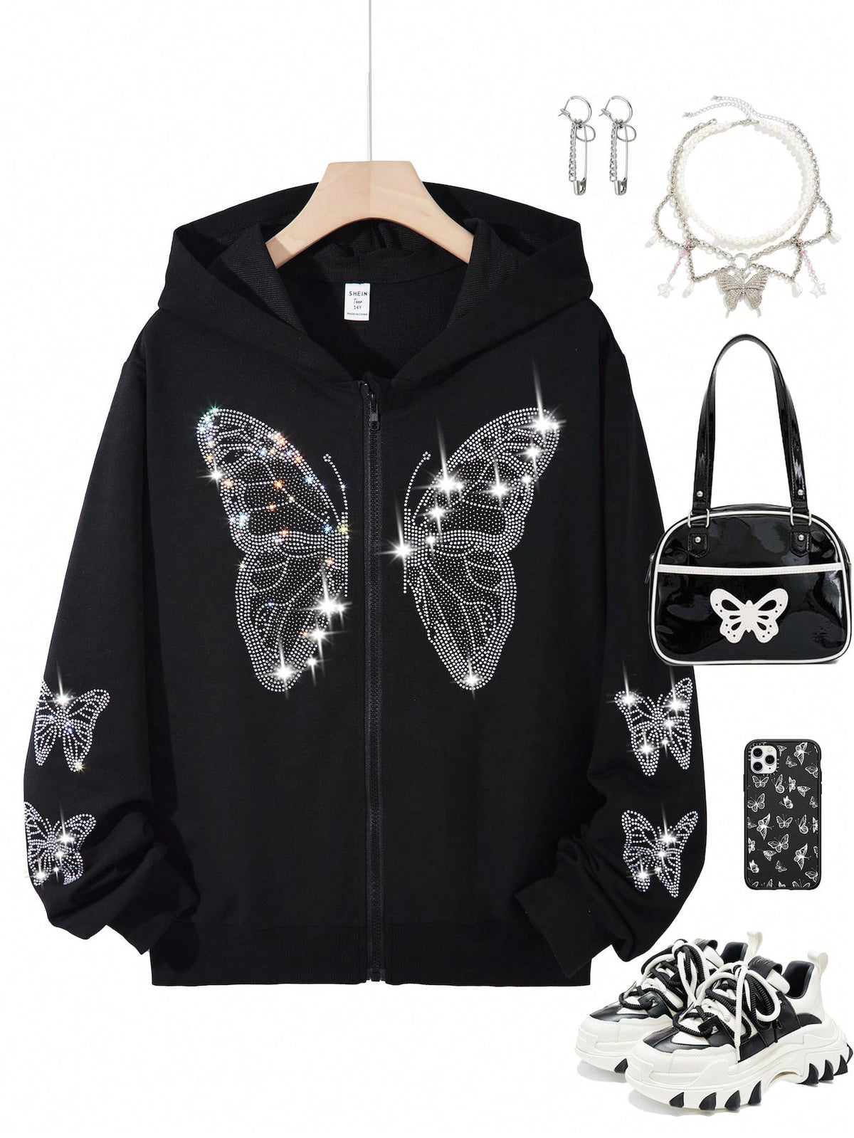 Trendy Butterfly Rhinestone Zipped Hoodie for Teenage Girls - Perfect for Fall & Winter Red / 13Y Red / 14Y 