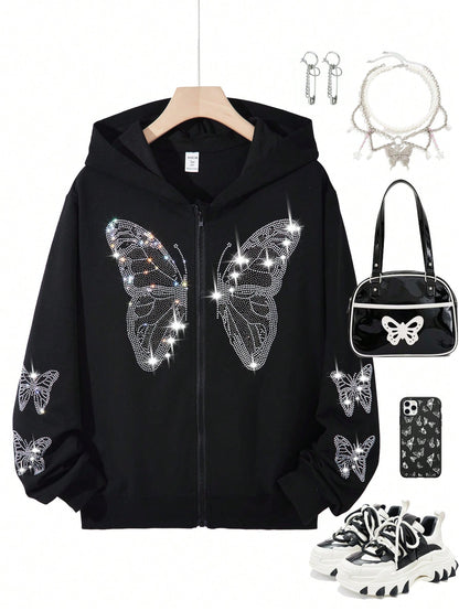 Trendy Butterfly Rhinestone Zipped Hoodie for Teenage Girls - Perfect for Fall & Winter