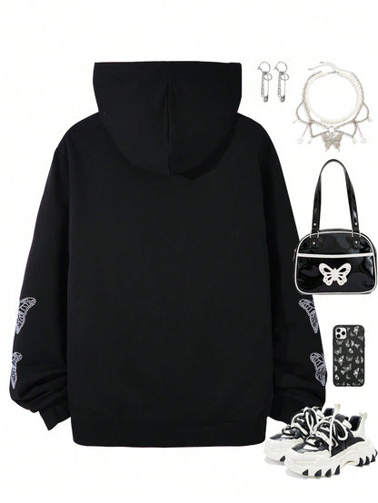 Trendy Butterfly Rhinestone Zipped Hoodie for Teenage Girls - Perfect for Fall & Winter