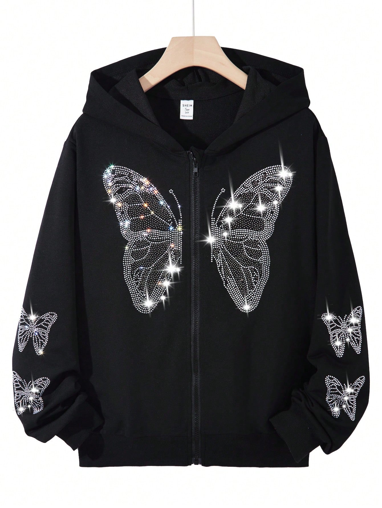 Trendy Butterfly Rhinestone Zipped Hoodie for Teenage Girls - Perfect for Fall & Winter