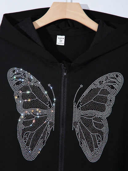 Trendy Butterfly Rhinestone Zipped Hoodie for Teenage Girls - Perfect for Fall & Winter