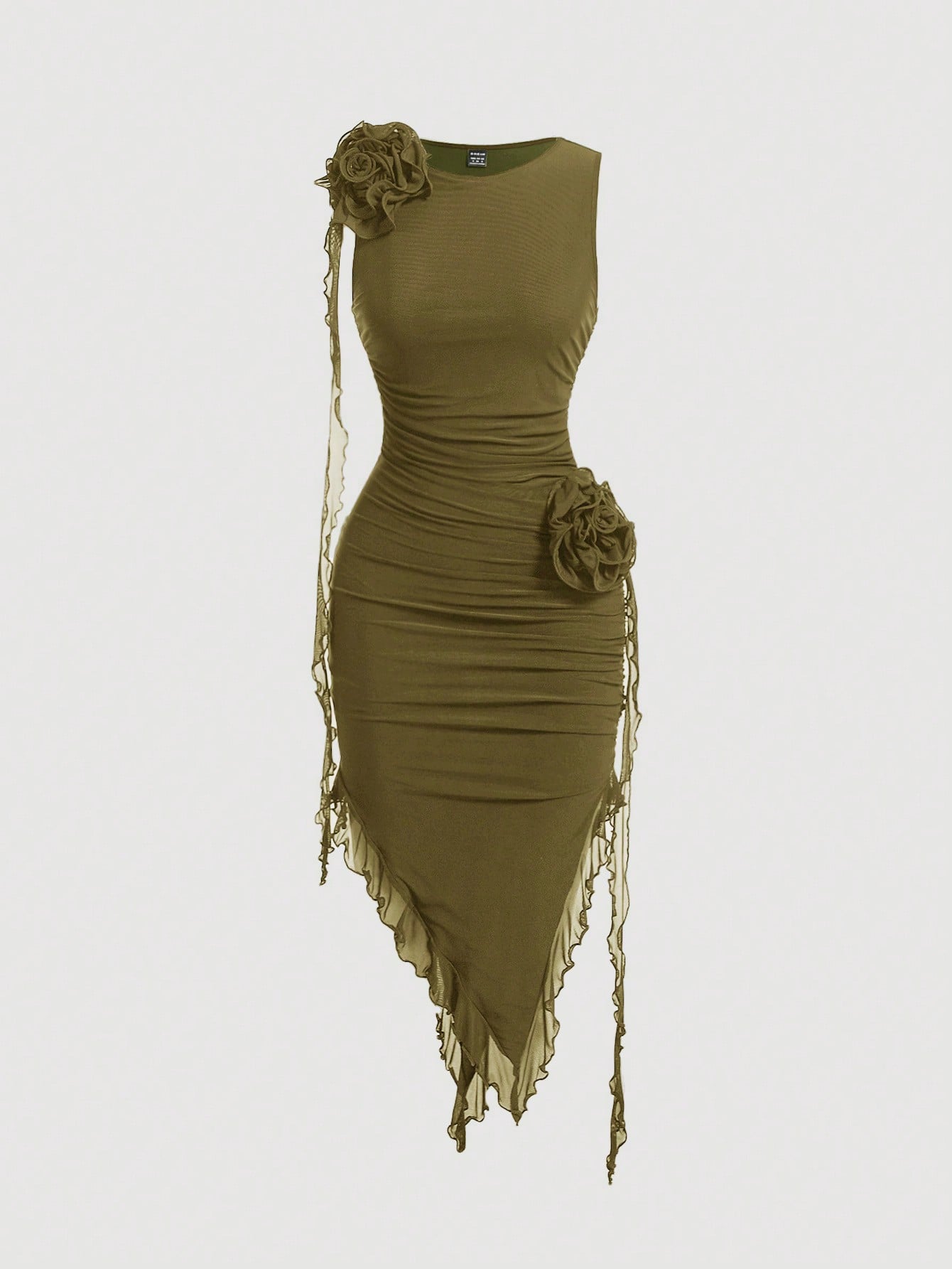 Chic Pastel 3D Flower Bodycon Dress with Asymmetrical Hem for Effortless Elegance Olive Green