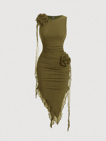 Chic Pastel 3D Flower Bodycon Dress with Asymmetrical Hem for Effortless Elegance Olive Green