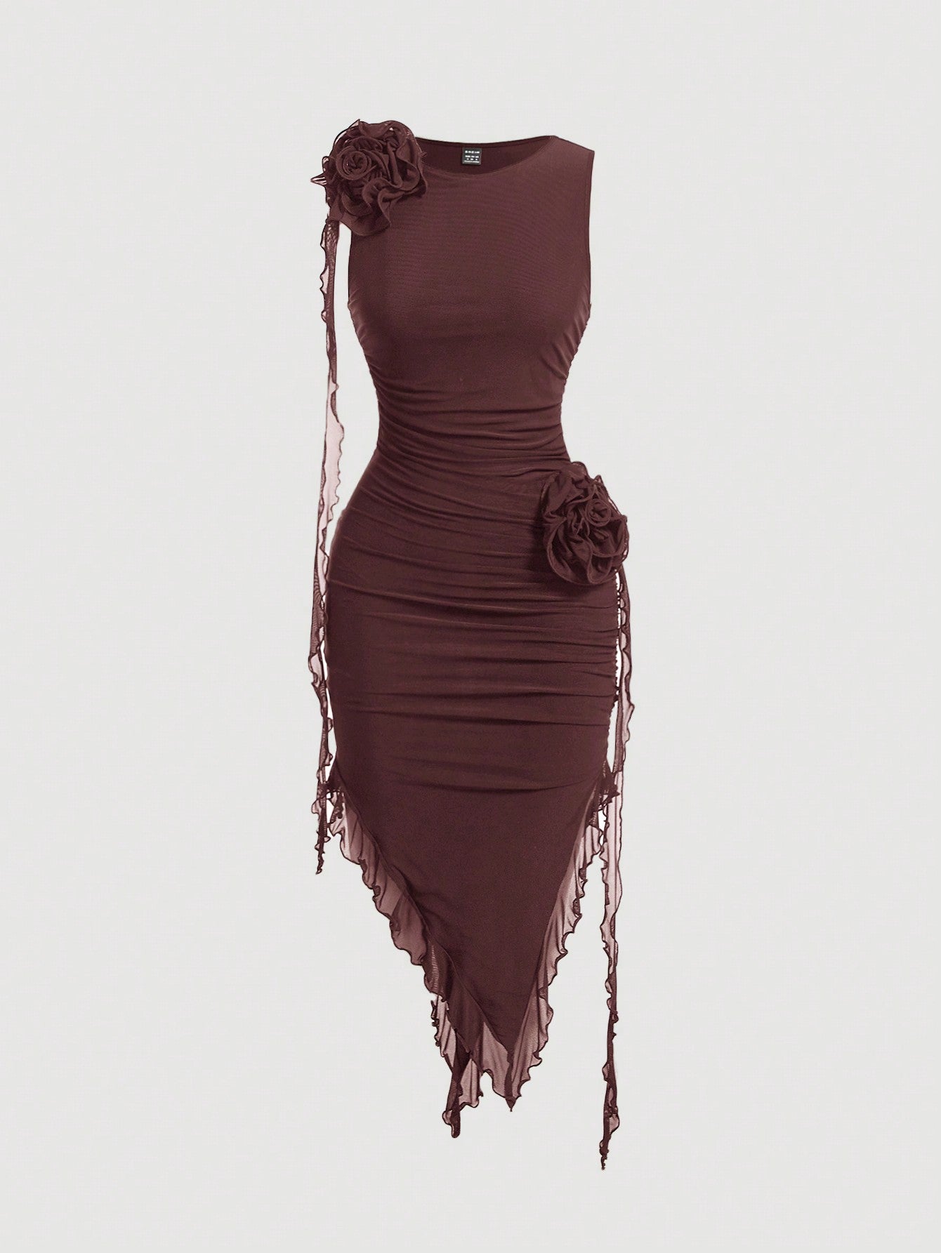 Chic Pastel 3D Flower Bodycon Dress with Asymmetrical Hem for Effortless Elegance Chocolate Brown