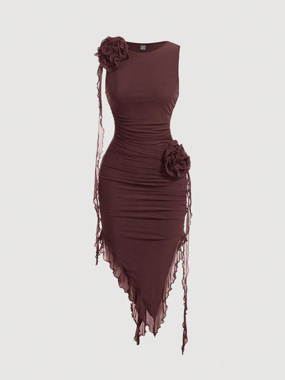 Chic Pastel 3D Flower Bodycon Dress with Asymmetrical Hem for Effortless Elegance Chocolate Brown