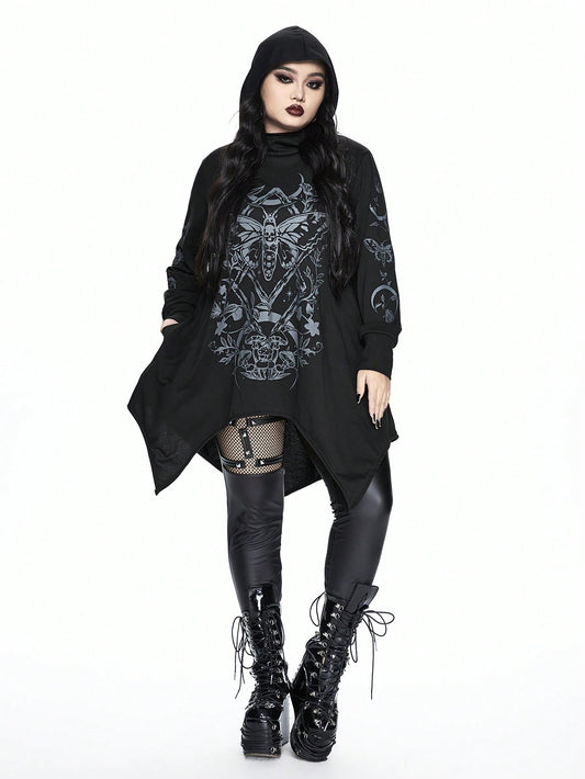 Plus Size Women's Gothic Asymmetrical Hem Hooded Sweatshirt with Pockets