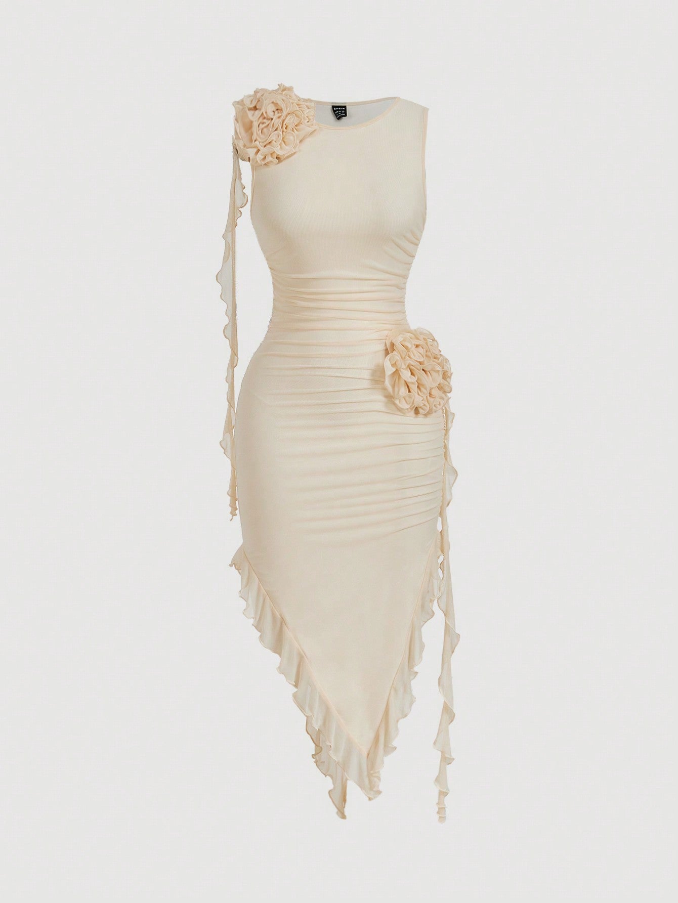 Chic Pastel 3D Flower Bodycon Dress with Asymmetrical Hem for Effortless Elegance Apricot